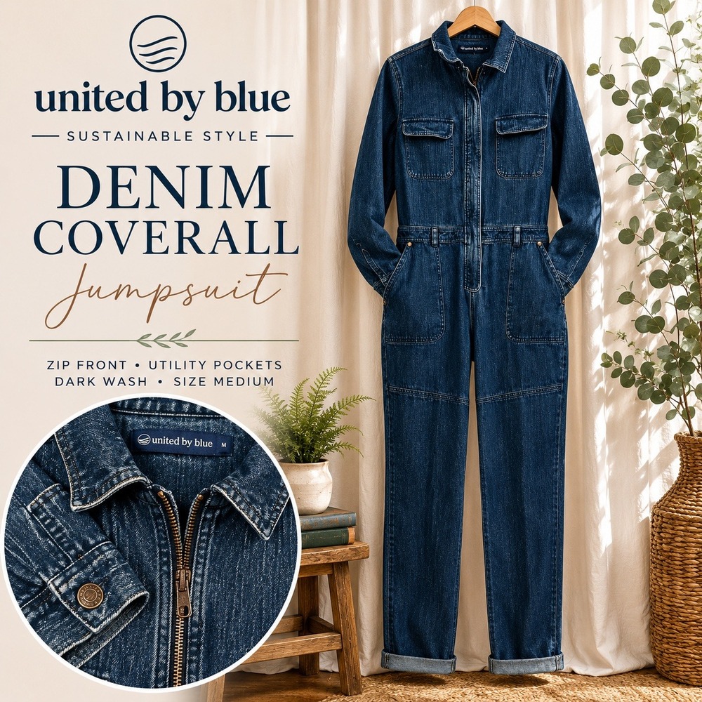 United By Blue Denim Coveralls Womens M Utility Jumpsuit Dark Wash Workwear Zip